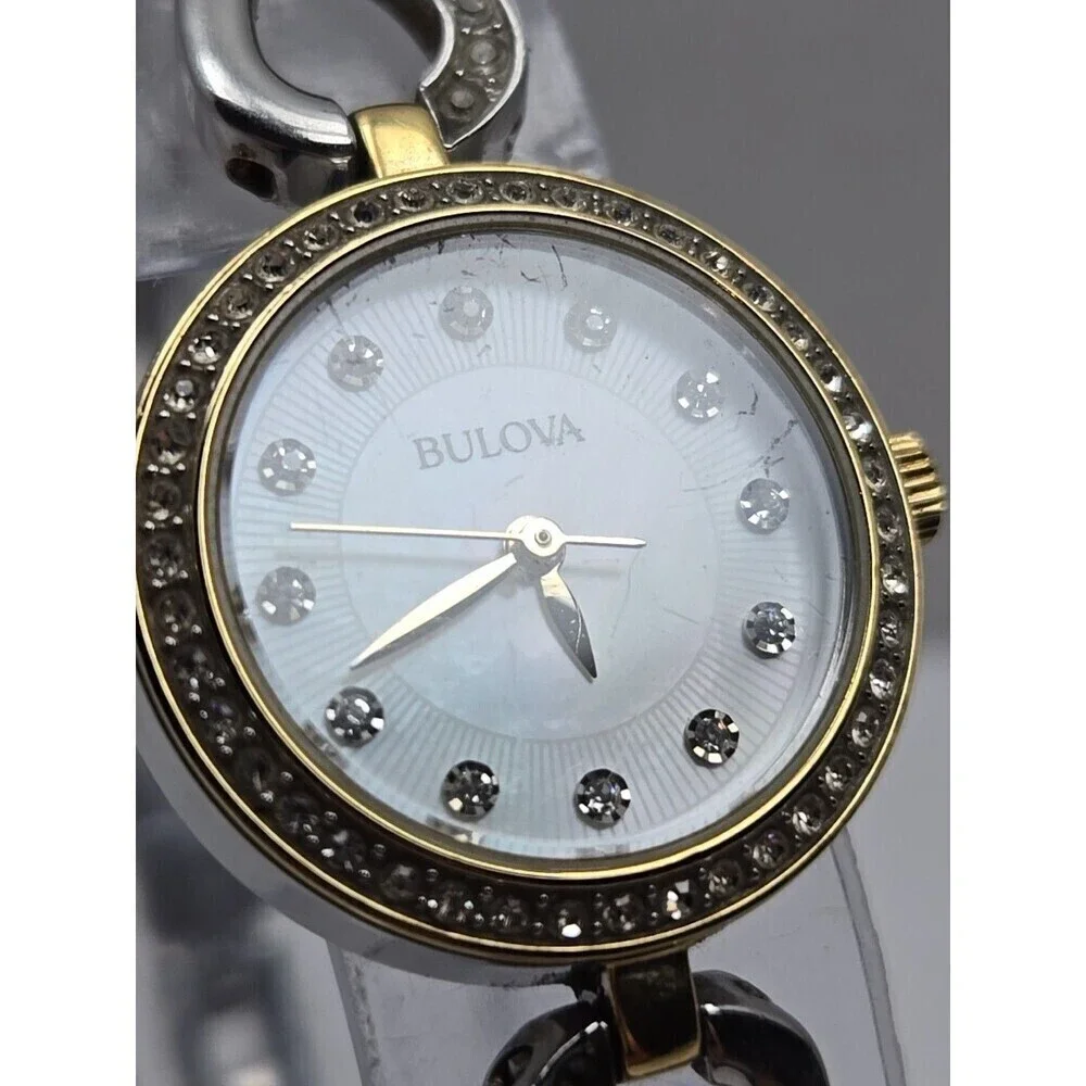 Bulova Womens Crystal Two Tone Bracelet Watch White MOP Dial New Battery Quartz